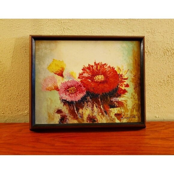 Mid Century Modern Floral Oil Painting Original Wood Framed Vivid Colors Signed
